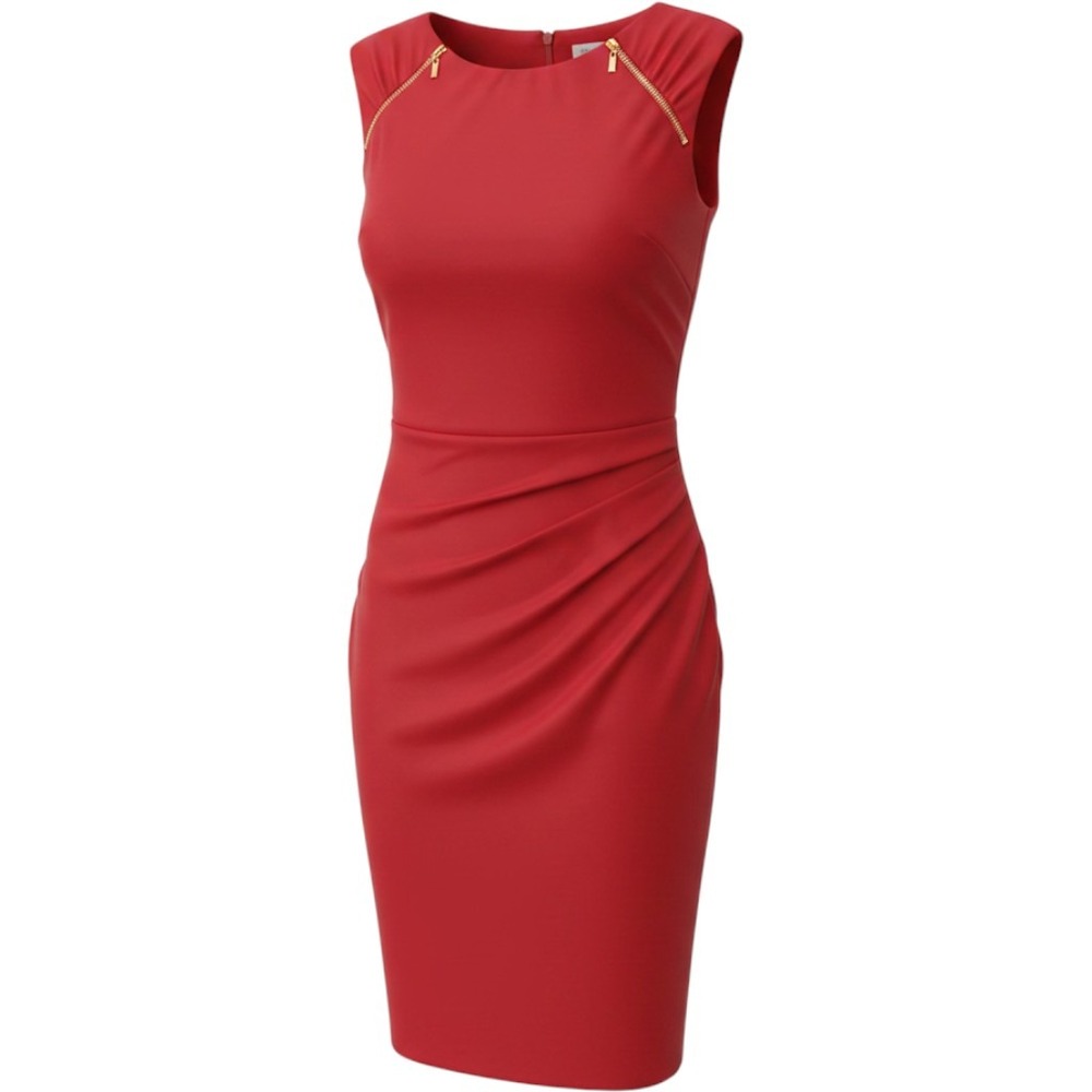 Cache Sheath Dress Medium Red Ruched Gold Zipper Accent Sleeveless